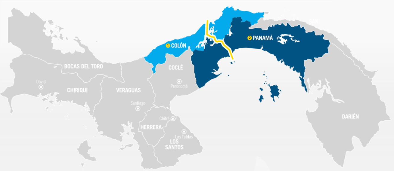Mapa de Panamá con énfasis en Colón y Ciudad de Panamá